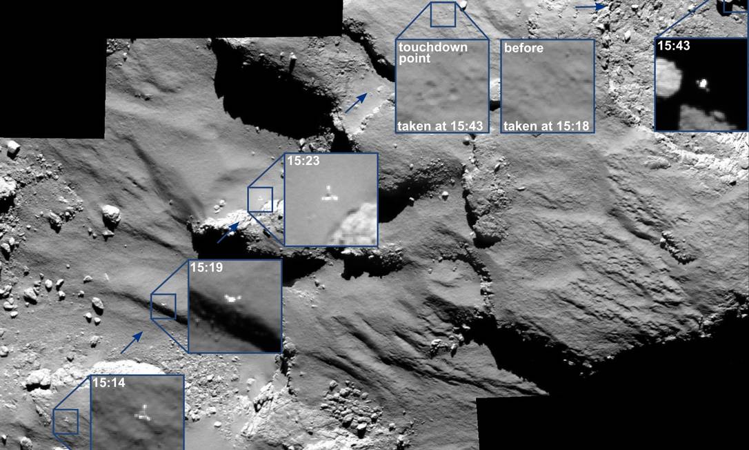 
Composição de imagens captadas pela sonda Rosetta mostra o primeiro “quique” do módulo Philae no cometa perto do local originalmente previsto para seu pouso
Foto:
ESA
