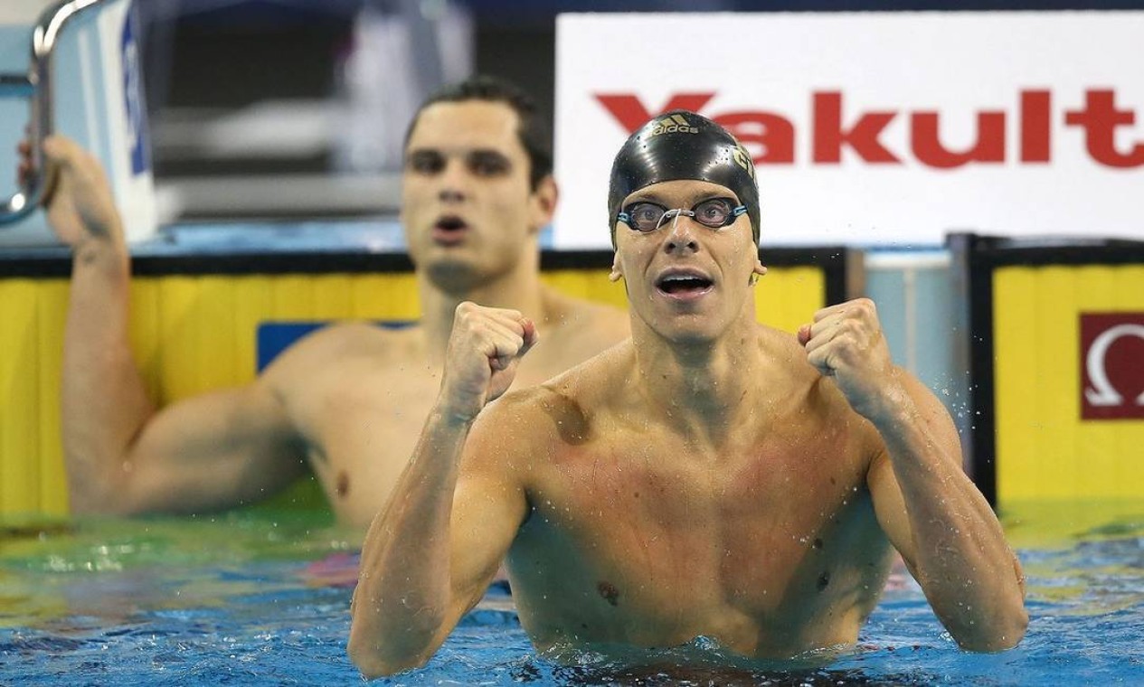 A reação de Cesar Cielo logo após confirmar que conquistara o ouro dos 100m livre no Mundial em piscina curta de Doha, no Qatar: bicampeão mundial da prova Foto: Satiro Sodré / SSPress