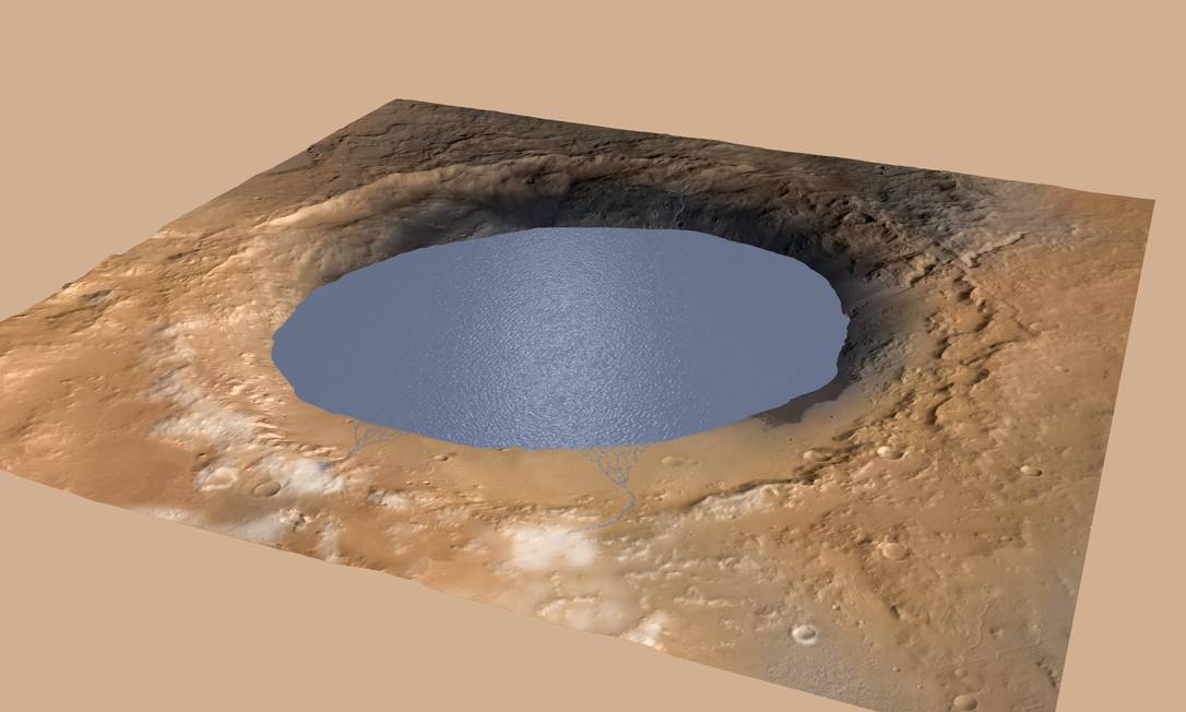 
Ilustração mostra água preenchendo a Cratera Gale, onde teria formado um grande lago no passado
Foto:
Nasa
