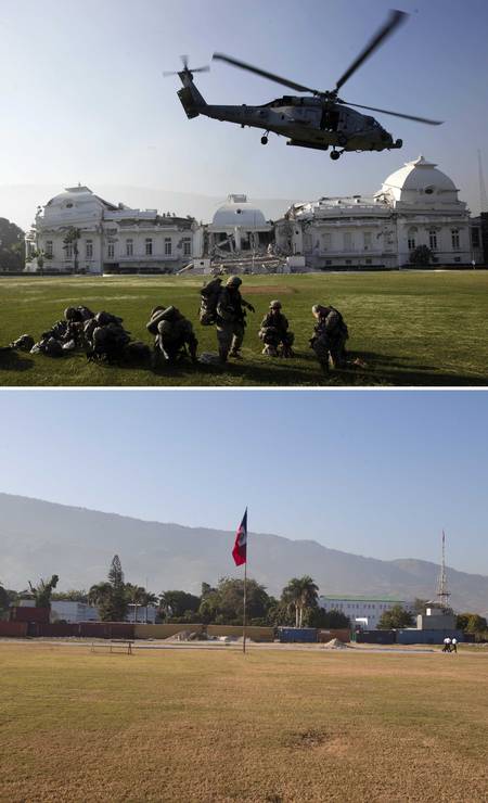 Em 19 de janeiro de 2010, helicóptero da Marinha dos EUA sobrevoa o Palácio Nacional, que ficou parcialmente destruído. Cinco anos depois, a reconstrução ainda não começou Foto: Gregory Bull / ap