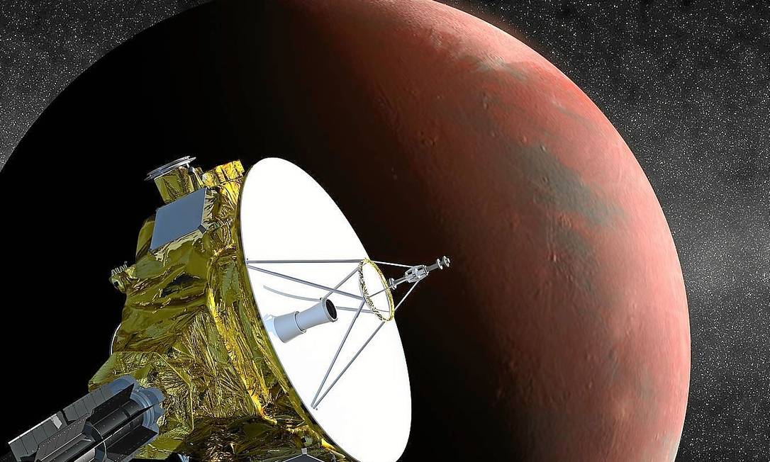 Fim do mistério. Ilustração mostra chegada da sonda New Horizons a Plutão, prevista para julho: planeta nunca foi visto de tão perto Foto: Divulgação/Nasa