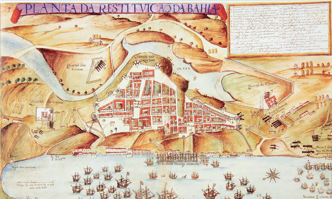 Mapa com planta da cidade de Salvador, invadida pelos holandeses em 1624 Foto: Biblioteca Nacional / .