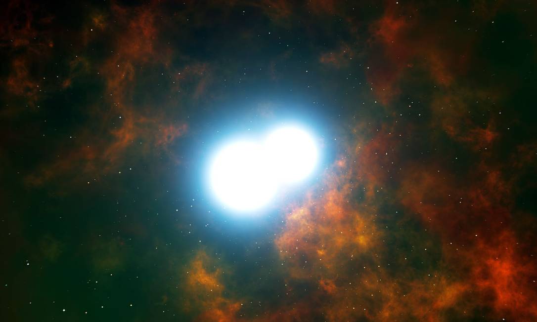 
Ilustração mostra o centro da nebulosa planetária Henize 2-428, onde astrônomos identificaram uma dupla de estrelas anãs-brancas numa dança gravitacional mortal que resultará na sua fusão e subsequente explosão em uma supernova daqui a centenas de milhões de anos
Foto:
ESO/L. Calçada
