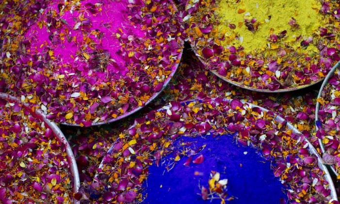 Bandejas com pó colorido e pétalas de flores são usadas pelas viúvas para celebrar o Holi no templo Widow, em Vrindavan, Índia Foto: Bernat Armangue / AP