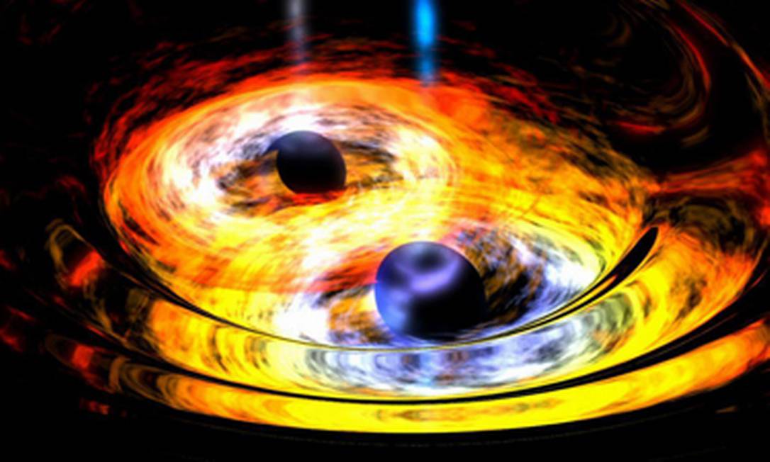 
Ilustração da Nasa mostra um sistema binário de dois buracos negros supermaciços com a visualização de seus discos de acreção e as ondas gravitacionais emitidas por sua dança mortal
Foto:
Nasa
