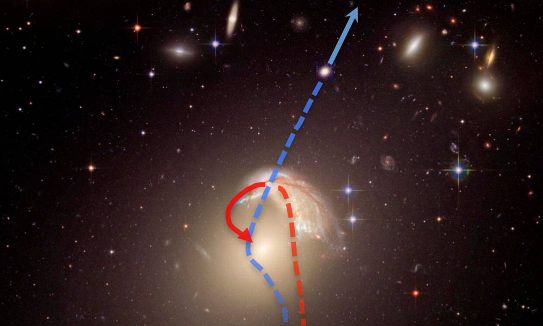 
Ilustração do Centro Harvard-Smithsonian de Astrofísica mostra como a chegada de uma terceira galáxia a um sistema composto por uma galáxia elíptica gigante e uma pequena gláxia elíptica compacta em sua órbita pode lançar a galáxia menor em grande velocidade para foram do aglomerado rumo ao isolamento
Foto:
Nasa/ESA/CfA

