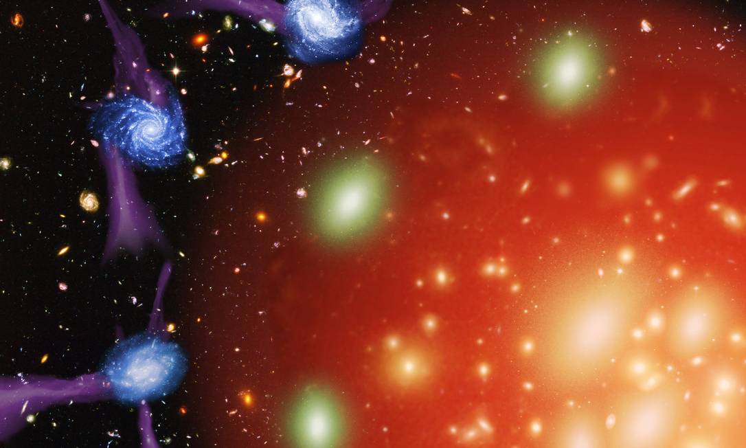 
Ilustração mostra um dos processos que podem levar ao “estrangulamento” e morte de galáxias, a entrada em halos de material quente em aglomerados que as impede de formarem novas estrelas
Foto:
Divulgação/Re-active
