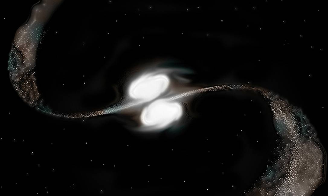 
Ilustração mostra duas galáxias em colisão: forças gravitacionais envolvidas no processo de fusão fazem gás dos discos “cair” em direção dos seus buracos negros centrais, alimentando os quasares
Foto:
Divulgação/Yale/Michael S. Helfenbein
