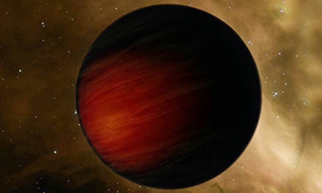 
Ilustração do planeta extrassolar TrES2-b, apelidado ‘Cavaleiro Negro’: com duas vezes o tamanho de Júpiter, ele é o exoplaneta mais escuro conhecido até o momento, refletindo apenas cerca de 1% da luz recebida de sua estrela-mãe
Foto:
Nasa/JPL-Caltech/T. Pyle
