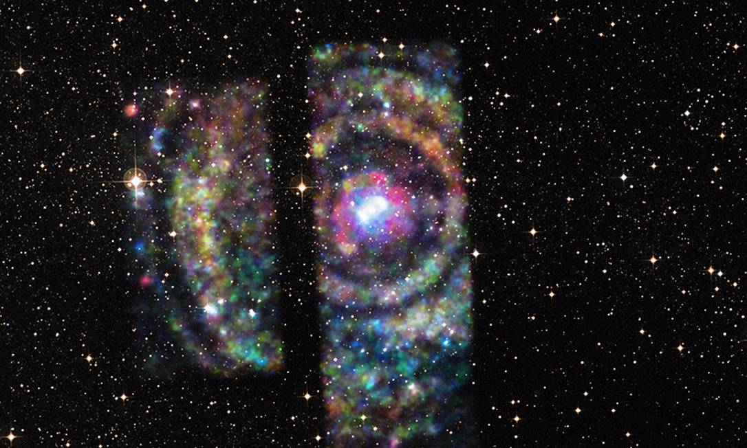 
Imagem composta em raio-X e luz visível do sistema Circinus X-1: “anéis” gerados pelos “ecos” dos raios-X emitidos pela estrela de nêutrons forneceram rara oportunidade de determinar com precisão sua distância da Terra
Foto:
/
Nasa/Chandra/Universidade de Wisconsin-Madison/S.Heinz/DSS
