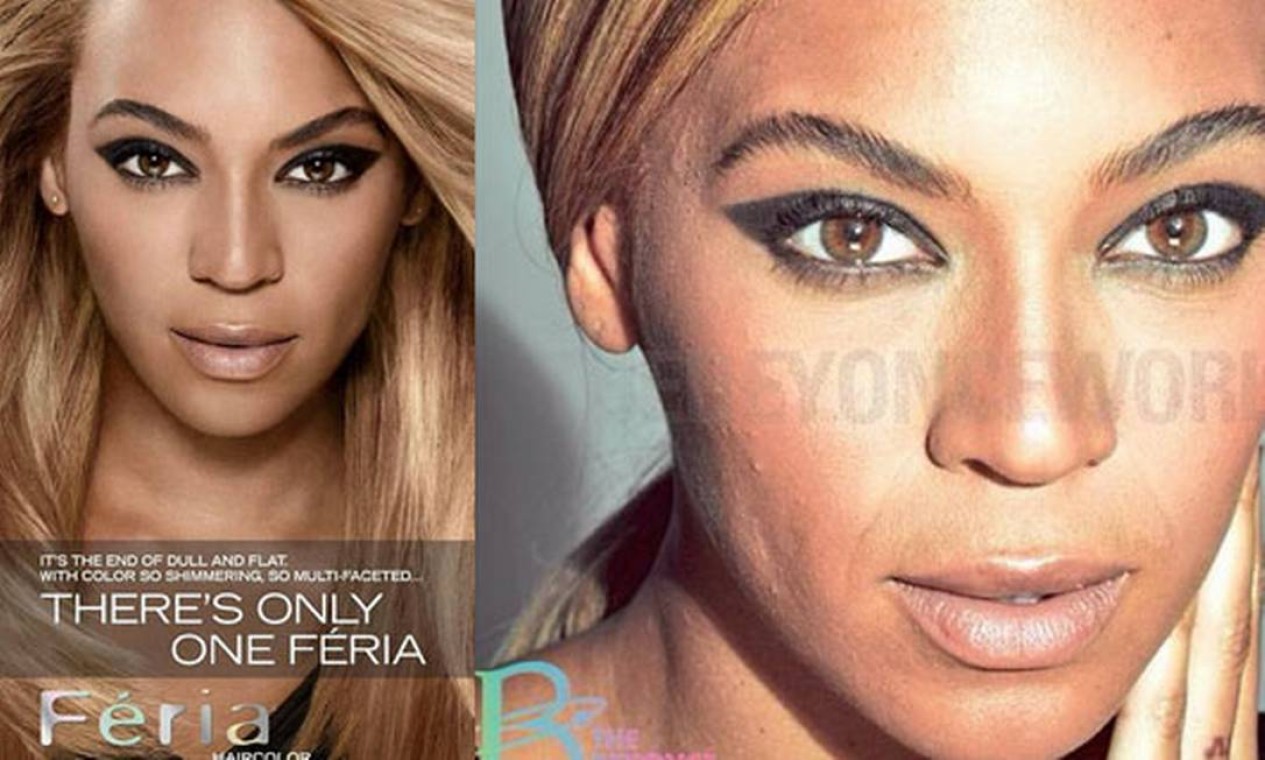 As fotos de Beyoncé para a marca com e sem retoques Foto: Divulgação