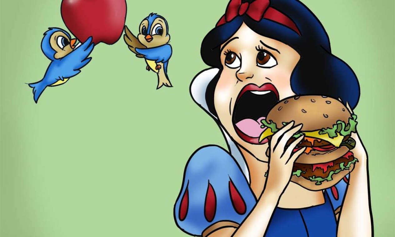 Branca de Neve prefere fast food, mas os passarinhos 'lembram' que a princesa precisa comer maçã Foto: Ilustração - Rayut Siman Tov
