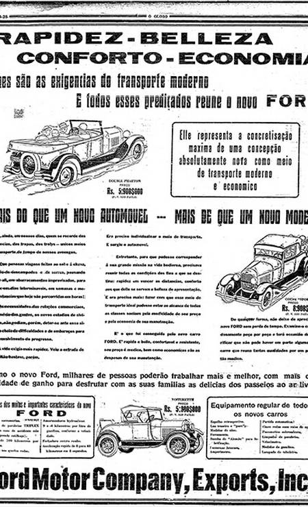 1928. Desde muito cedo, a indústria automobilística foi um importante anunciante no GLOBO. Nos anos 20, a Ford ainda importava todos os seus carros para o emergente mercado brasileiro Foto:  Reprodução