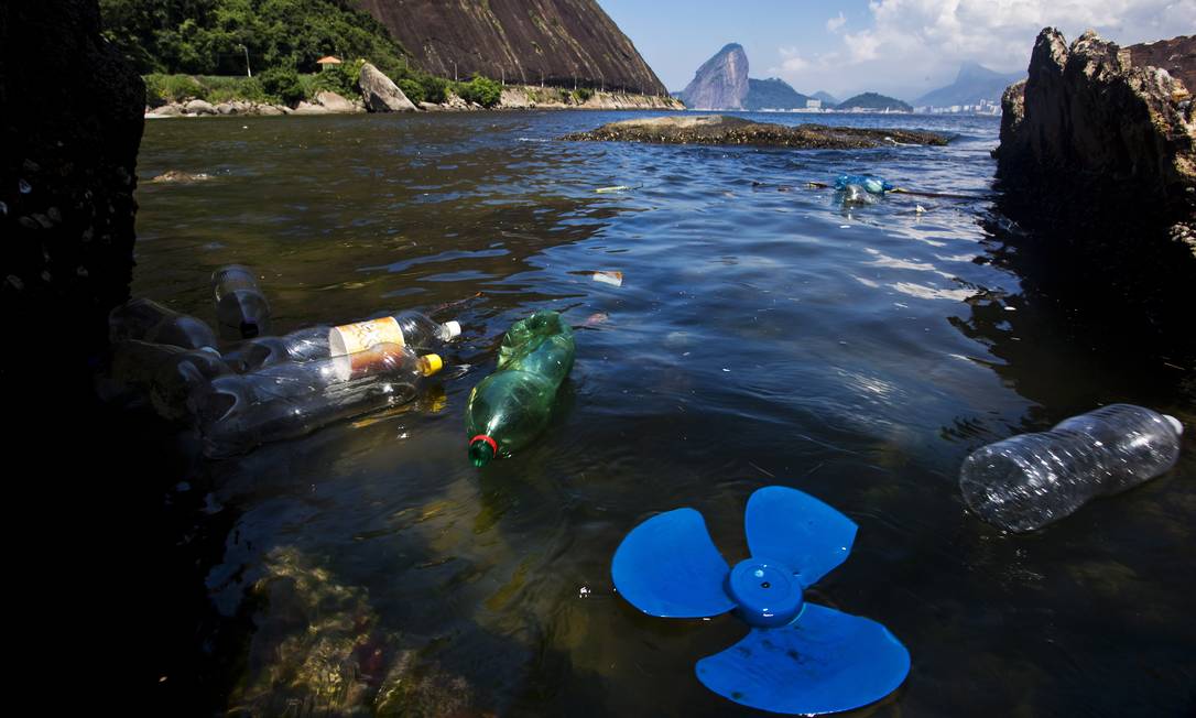Garrafas PET boiam na Praia de Adão e Eva, em Niterói Foto: Guito Moreto / Agência O Globo