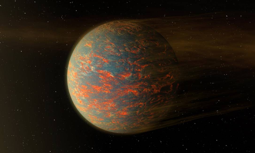 
Ilustração do planeta extrassolar 55 Cancri e mostra os fluxos e piscinas de lava na sua superfície que podem explicar as grandes diferenças de temperaturas encontradas entre seus lados de ‘dia’ e ‘noite’
Foto:
Nasa/JPL-Caltech

