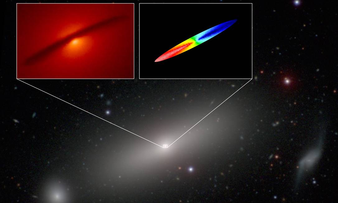 
Imagem combinada da galáxia NGC 1332 mostra o disco de gás em torno do buraco negro supermaciço na sua região central, vista em luz visível pelo Hubble (destaque à esquerda) e na faixa milimétrica/submilimétrica pelo Alma (destaque à direita), com as cores indicando quando elas estão se aproximando (em azul) ou se afastando (em vermelho) relativamente à Terra
Foto:
A. Barth/Alma/NRAO/ESO/NAOJ/NASA/ESA/Hubble/Carnegie-Irvine Galaxy Survey
