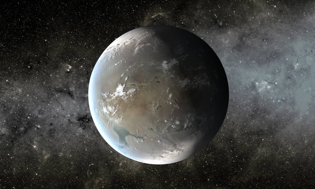 
Ilustração mostra uma possível aparência do planeta extrassolar Kepler-62f caso seja habitável
Foto:
NASA/JPL-Caltech/T. Pyle
