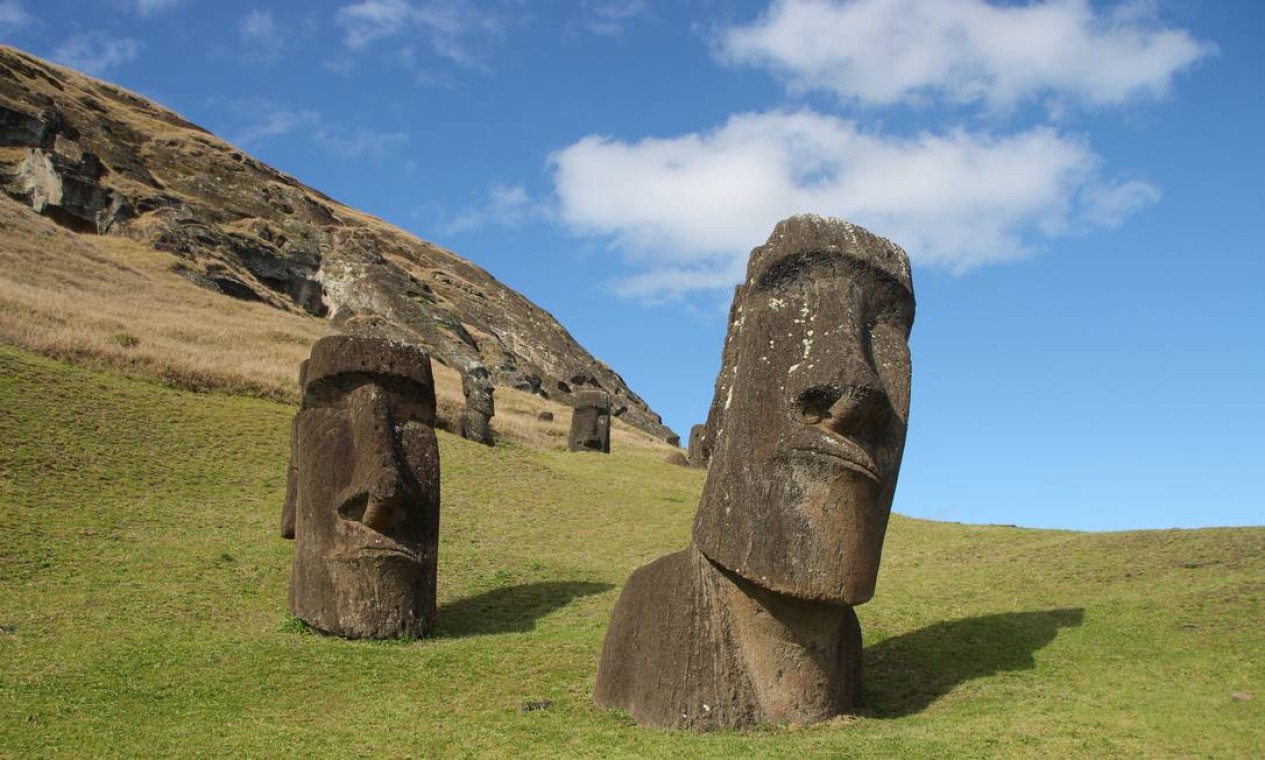 Há mais de 400 moais no sítio arqueológico do vulcão Rano Raraku, onde as famosas estátuas da Ilha de Páscoa eram esculpidas direto da rocha Foto: Eduardo Maia / O Globo