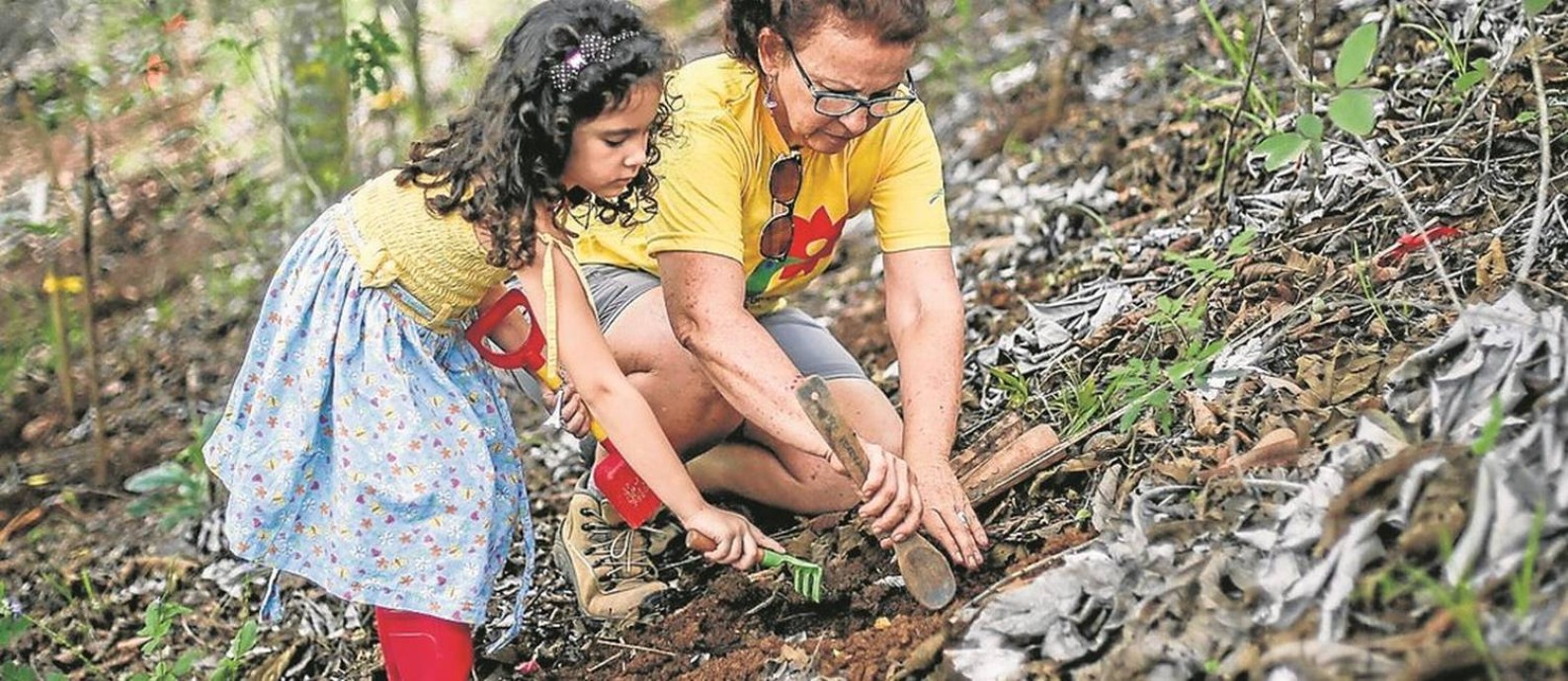 Mão na terra: Denise Thomé, ao lado da neta Rosa, planta uma das 500 mudas de palmito-juçara, no plantio de sábado passado Foto: Daniel Ramalho / Vale Verdejante