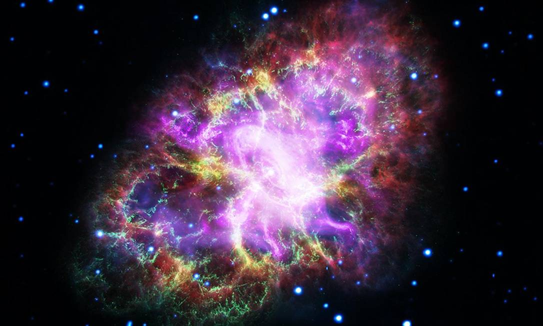 
A combinação das observações da Nebulosa do Caranguejo em ondas de rádio (vermnelho), infravermelho (amarelo), luz visível (verde), ultravioleta (azul) e raios-X (roxo)
Foto:
Nasa/ESA/G. Dubner
