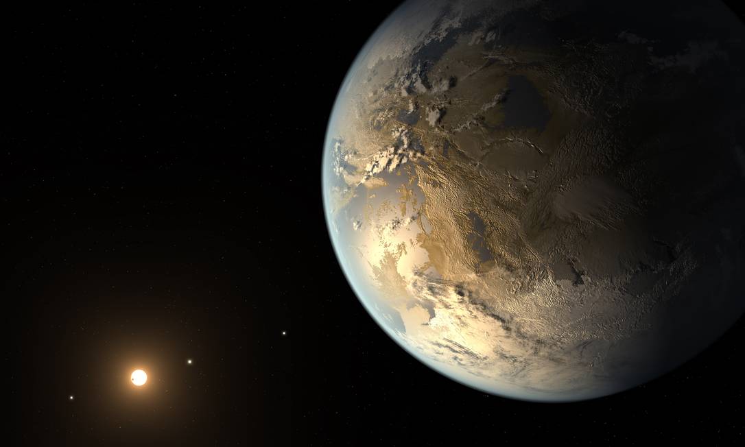 
Ilustração do exoplaneta Kepler-186f, primeiro com tamanho parecido com o da Terra e na zona habitável de sua estrela, suja descoberta foi anunciada wem 2014
Foto:
NASA/JPL-Caltech/T. Pyle
