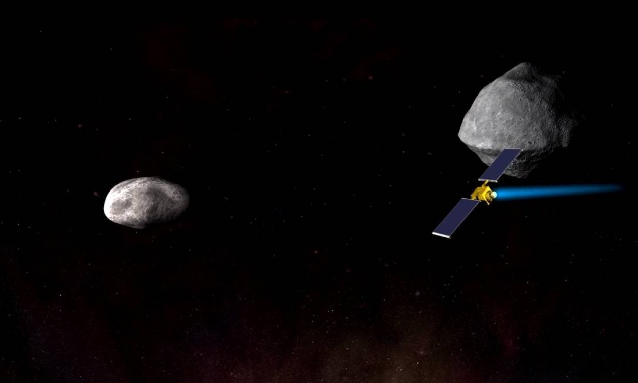 Ilustração mostra a espaçonave da missão DART a caminho do asteroide Didymos Foto: NASA