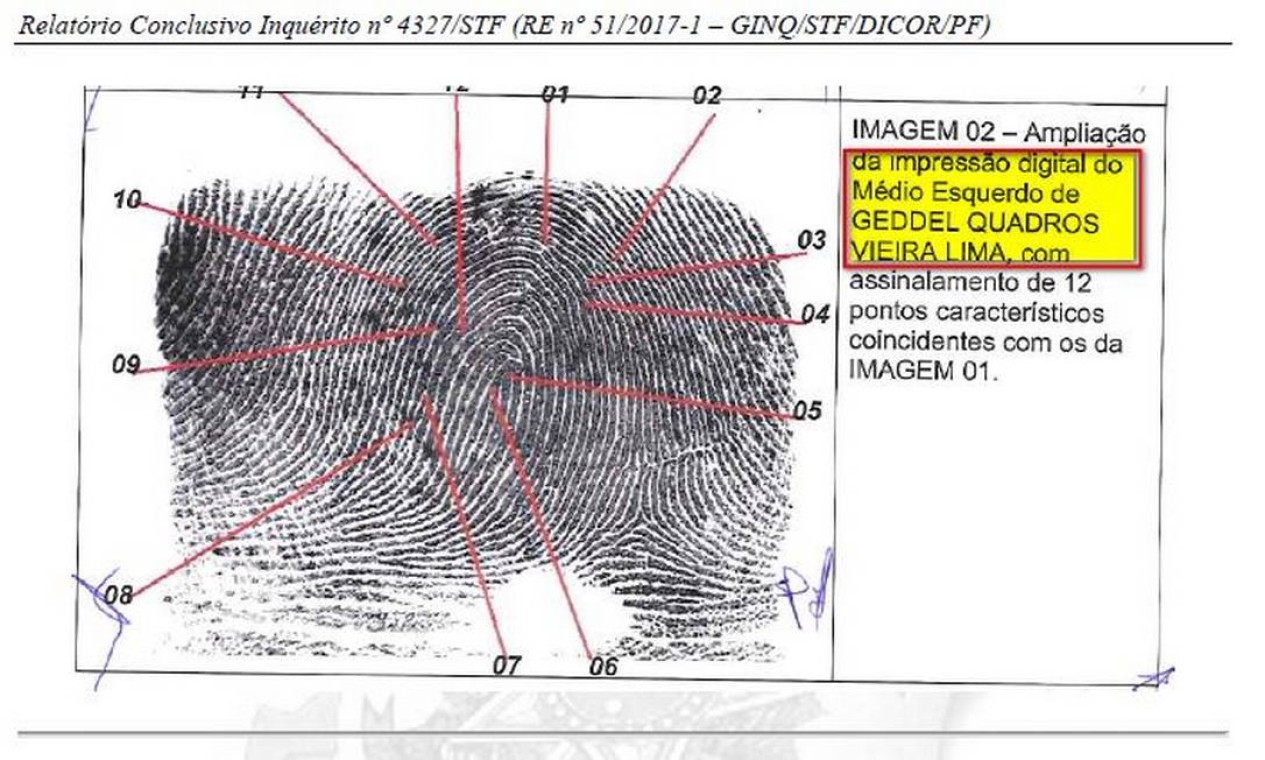 A digital do ex-ministro Geddel Vieira Lima indentificada pela PF em notas apreendidas em apartamento em Salvador Foto: Reprodução/PF