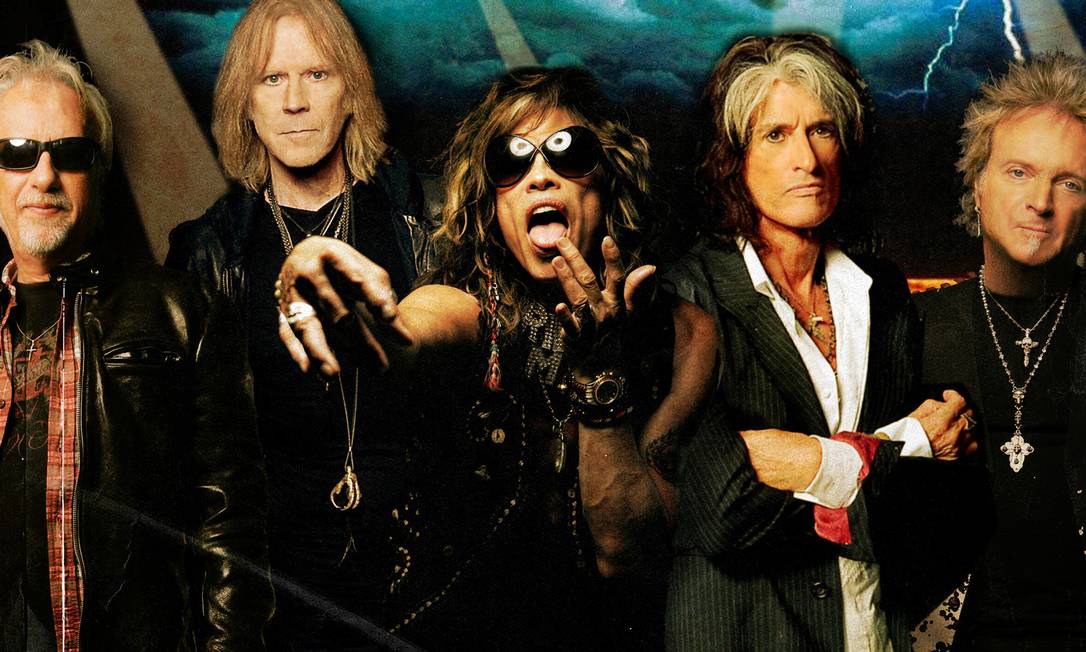 Aerosmith: Brad Whitford (guitarra, à esquerda), Tom Hamilton (baixo), Steven Tyler (vocais), Joe Perry (guitarra) e Joey Kramer (bateria) Foto: Divulgação / Divulgação