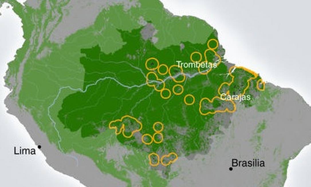 
Localização dos projetos de mineração na Amazônia e as áreas em seu entorno analisadas no estudo
Foto:
/
Reprodução/Nature Communications
