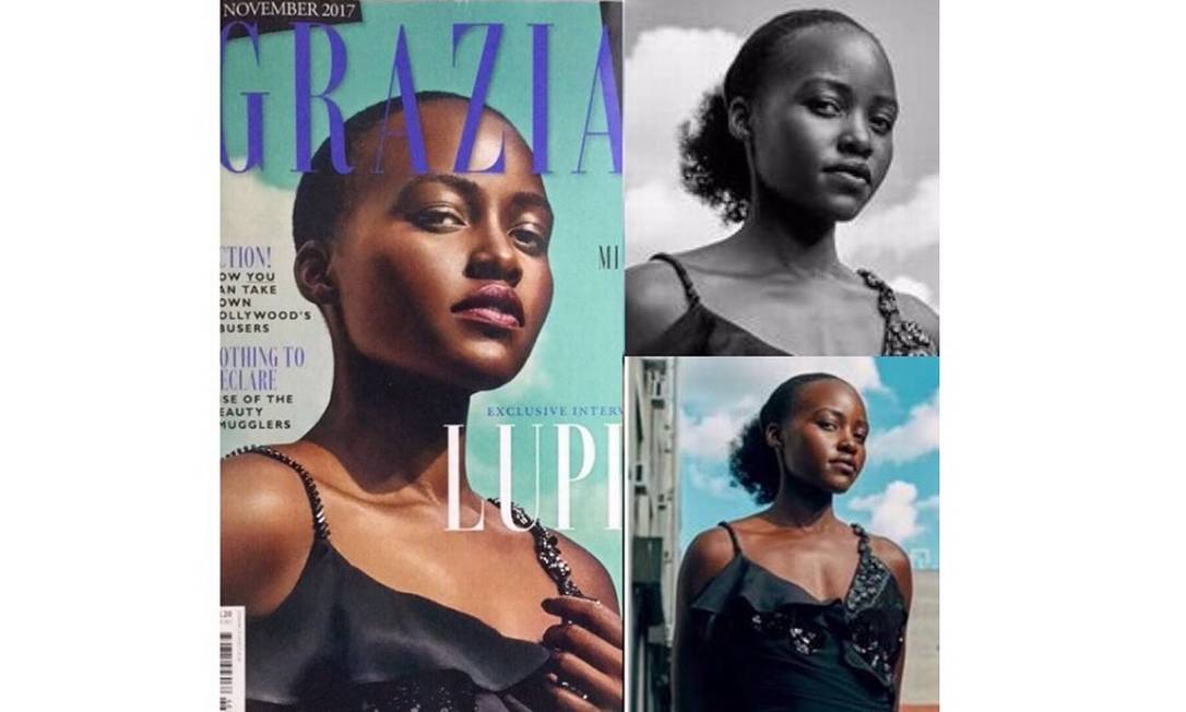 Lupita Nyong'o publicou montagem com foto original ao lado da alterada pela revista italiana 'Grazia' Foto: Reprodução Instagram