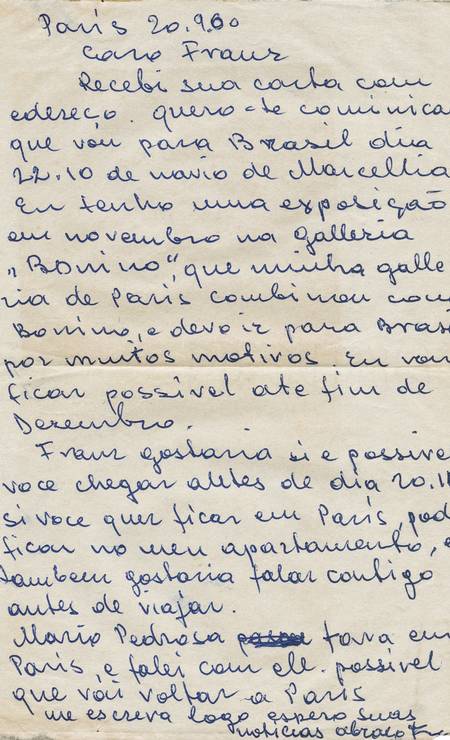 Carta de Frans Krajcberg a Franz Weissmann (1911-2005). Os dois dividiram ateliê no Rio de Janeiro. Krajcberg chegou à cidade em 1956. Foto: Divulgação