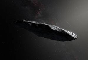 A ilustração mostra a aparência de Oumuamua. Imagem: ESO / M. Kornmesser