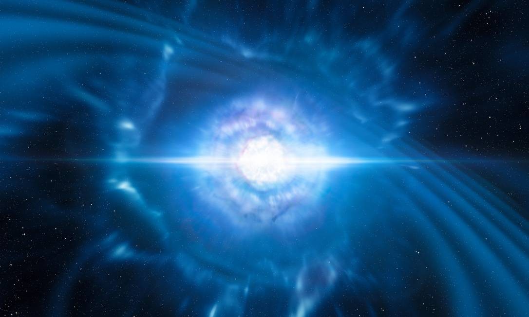 Ilustração da fusão de duas estrelas de nêutrons, evento que gerou ondas gravitacionais detectadas em agosto e imediatamente acompanhadas por observações no espectro eletromagnético. Imagem: ESO / L berço / m.  Cornmiser