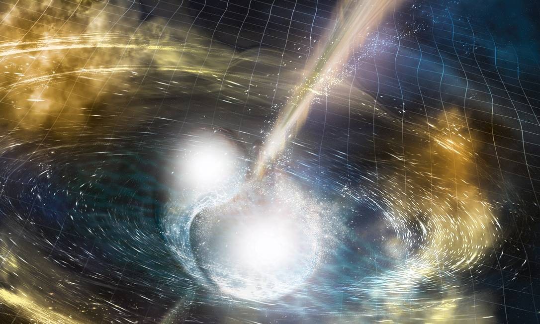 Uma ilustração mostrando a fusão de estrelas que geraram ondas gravitacionais, pela primeira vez observada e demonstrada Imagem: NSF / LIGO / Sonoma State University / A.  Simonite