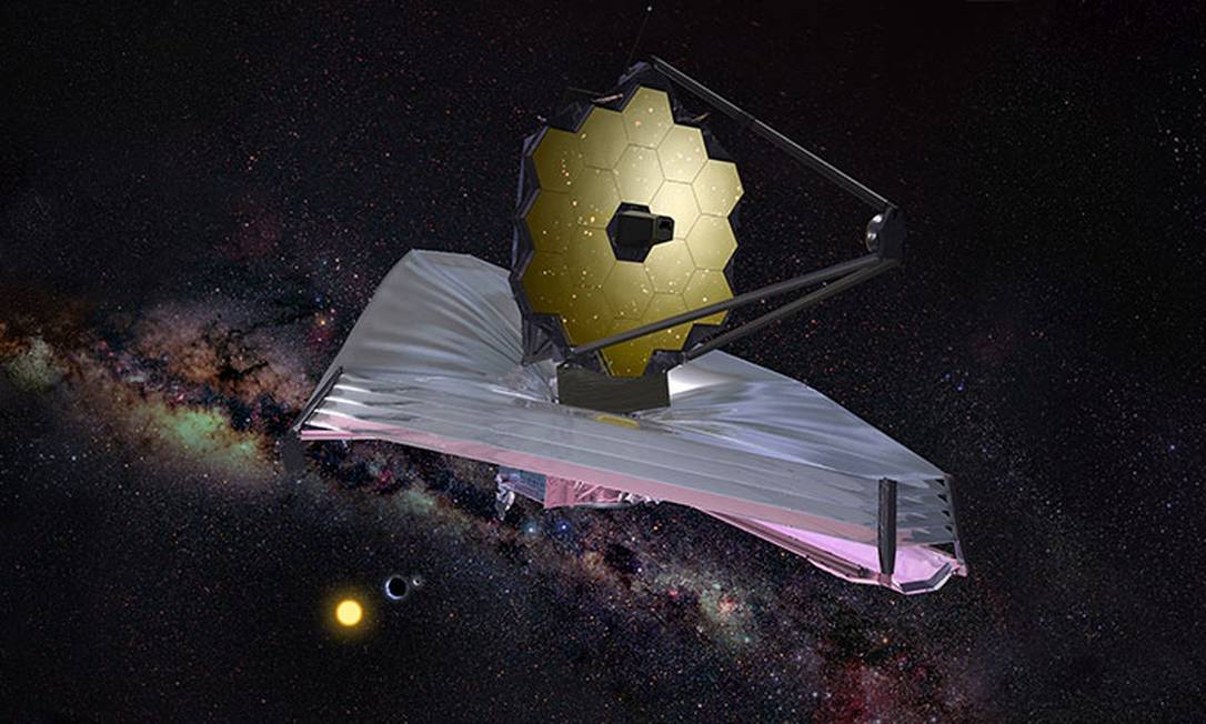 
Ilustração da Nasa mostra o telescópio espacial James Webb em operação, com a Terra e o Sol ao fundo
Foto:
/
Nasa
