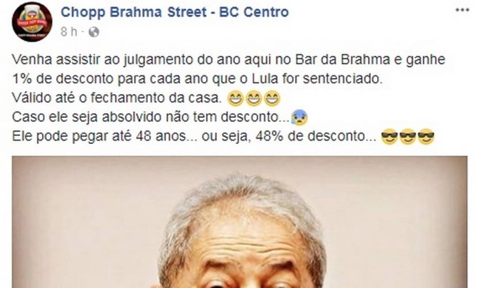 Bar de SC oferece 1% de desconto para cada ano de pena de Lula 1