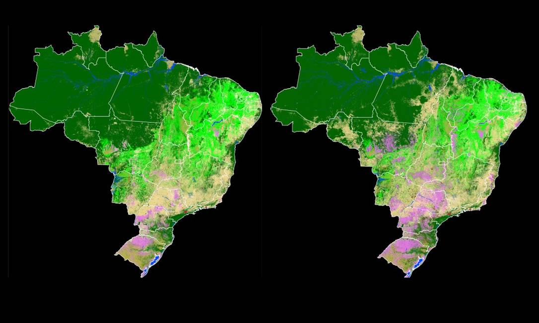 
Imagem mostra o uso da terra no Brasil em 1985 e 2017
Foto:
MapBiomas
