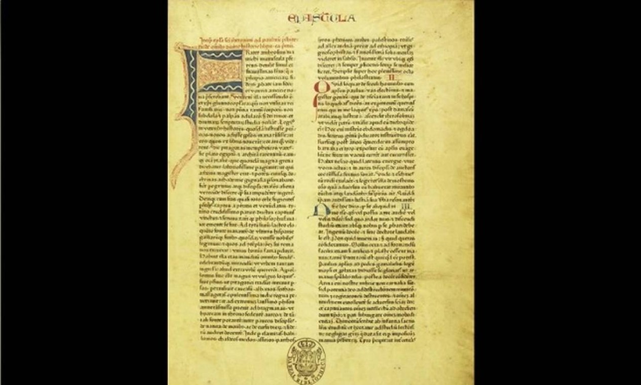 Datada de 1462, a Bíblia de Mogúncia foi o primeiro impresso da tradução em latim da bíblia, feita por Johann Gutenberg Foto: Reprodução/ Biblioteca Nacional