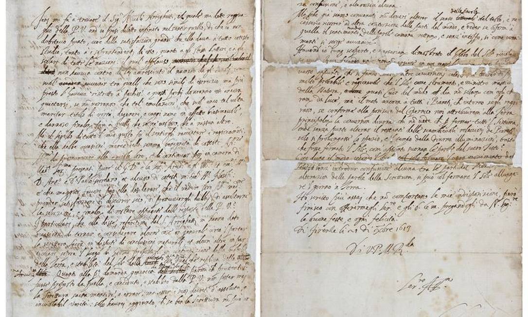 
A primeira e a última página da carta escrita por Galileu Galilei
Foto:
/
The Royal Society
