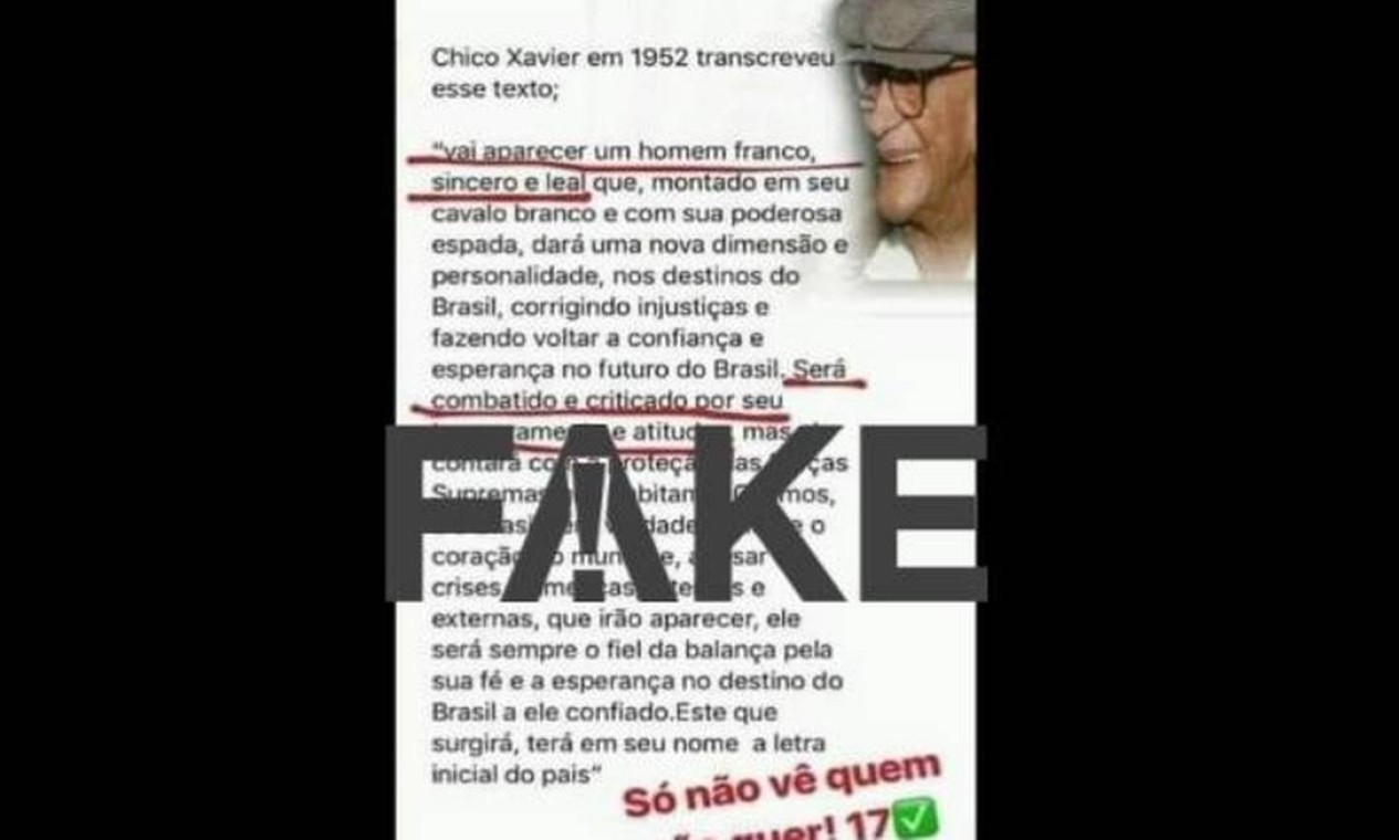 É #FAKE que Chico Xavier previu a chegada do candidato Jair Bolsonaro (PSL)  à Presidência - Jornal O Globo