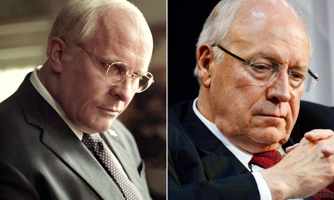 À esquerda, Christian Bale caracterizado como o ex-vice-presidente Dick Cheney (dir.) Foto: Reprodução