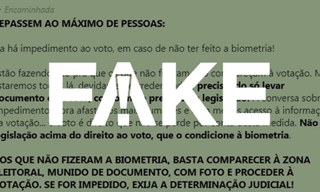 Mensagem que diz que não há impedimento de voto para quem não fez biometria é falsa Foto: G1