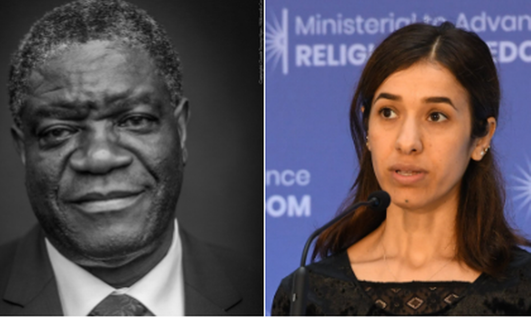 Denis Mukwege, ginecologista que atende vítimas da violência sexual no Congo, e Nadia Murad, ativista dos direitos humanos e sobrevivente de escravidão sexual pelo Estado Islâmico no Iraque, são os vencedores do Nobel da Paz de 2018 Foto: Twitter (@NobelPrize) / Reprodução