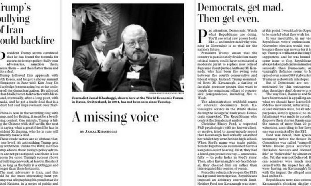 A coluna de Khashoggi deixada em branco no "Washington Post" Foto: Reprodução