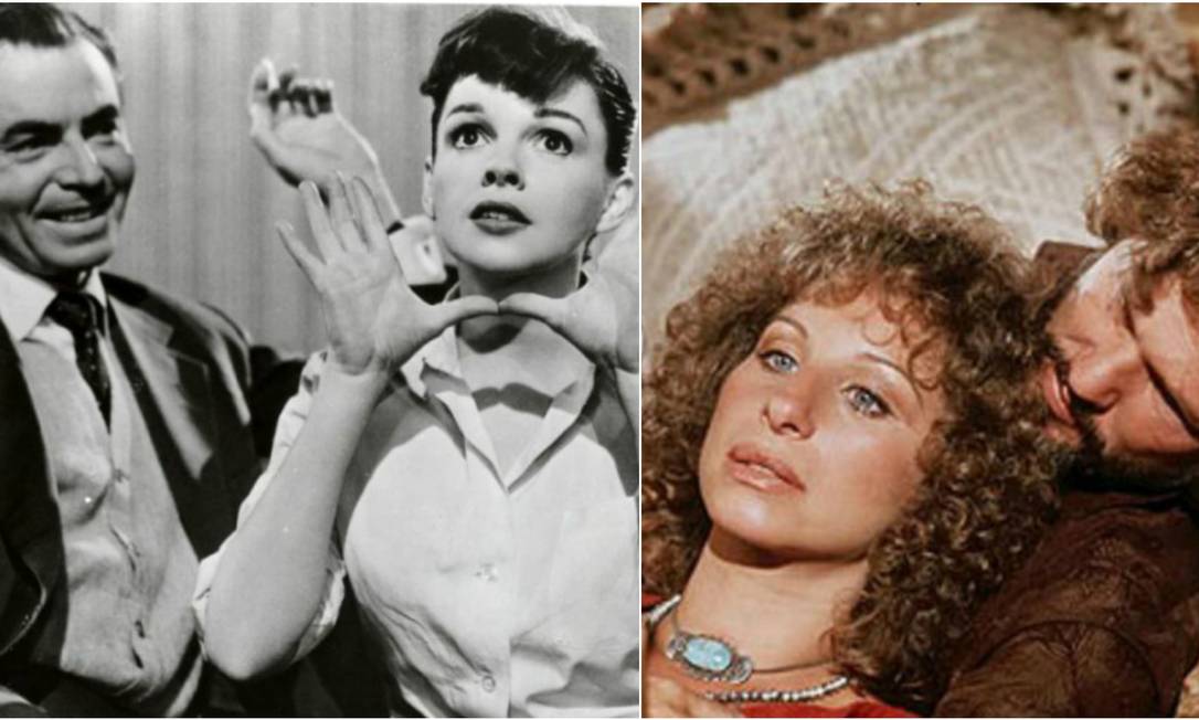 A versão de 1954 com Judy Garland e James Mason (à esquerda) e de 1976 com Barbra Streisand e Kris Kristofferson Foto: Divulgação