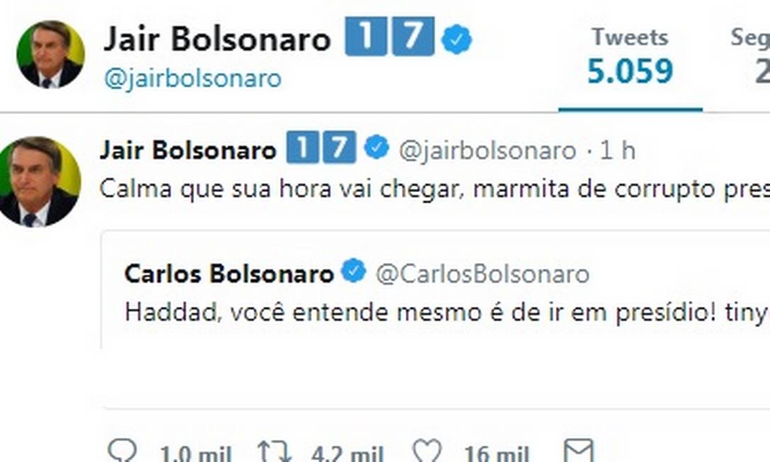 Bolsonaro chama Haddad de 'marmita de corrupto preso' em rede social Foto: Reprodução