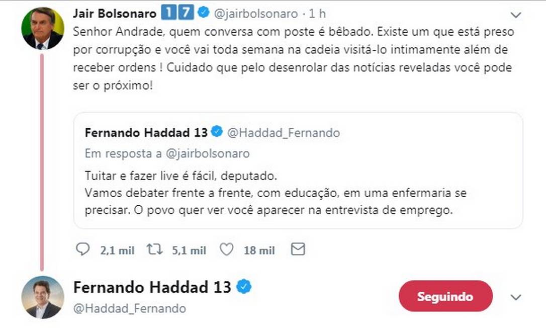 Bolsonaro (PSL) e Haddad (PT) discutem pelo Twitter Foto: Reprodução/Twitter