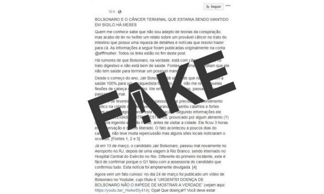 Texto que levanta teoria sobre câncer de Bolsonaro Foto: Reprodução