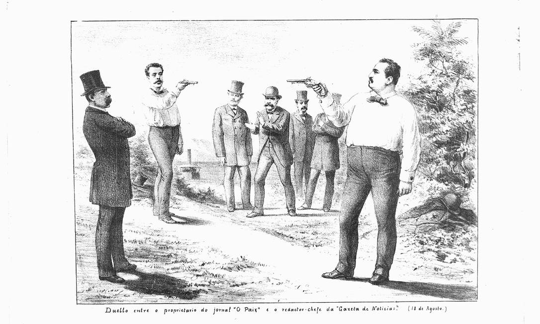 Charge de 1886 mostra duelo entre o proprietário de 'O paiz' e o redator-chefe da 'Gazeta de notícias' Foto: Angelo Agostini / Acervo da Fundação Biblioteca Nacional