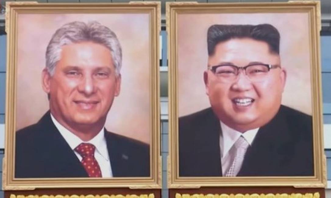 Retratos oficiais de Miguel Díaz-Canel, líder de Cuba, e de Kim Jong-un, da Coreia do Norte Foto: KCTV